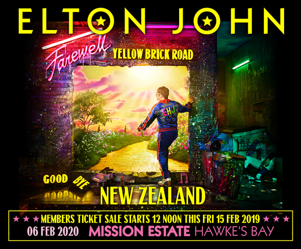 <SMALL style="display:block;">ELTON JOHN'S 2nd MISSION ESTATE WINERY “FAREWELL YELLOW BRICK ROAD CONCERT”<BR><span style="color:red">CONFIRMED FOR WAITANGI DAY 6th FEB 2020&nbsp;</span></small>